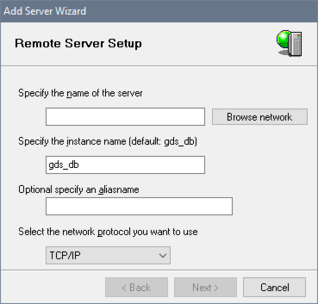 Remote Server Setup dialog
