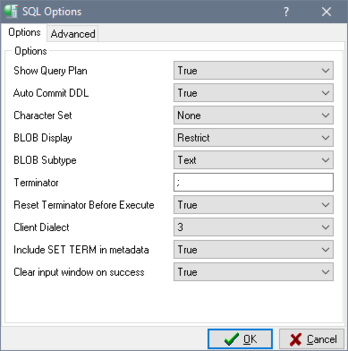 Options Tab of the SQL Options Dialog