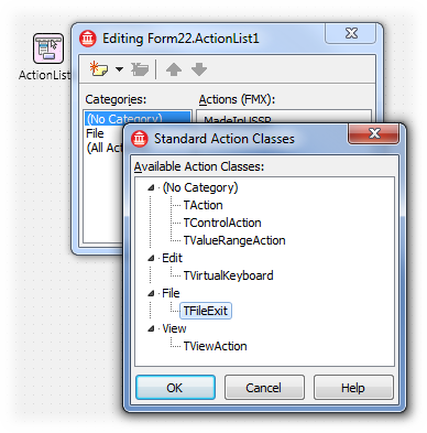 Standard Action Classes dialog box
