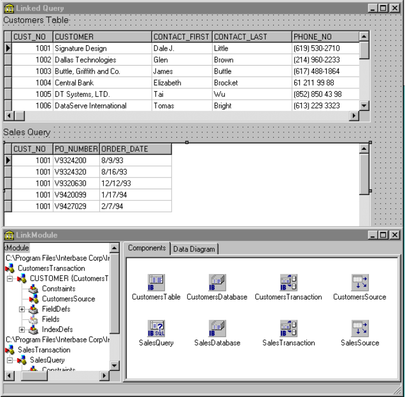 Sample master/detail query form and data module at design time