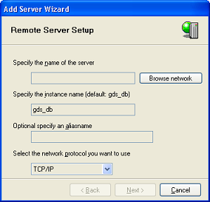 Remote Server Setup dialog
