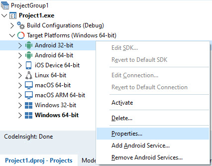 Ajouter le menu contextuel Plate-forme pour Android