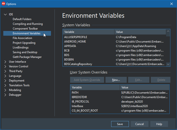 Environment Variables IDE Options Dialog